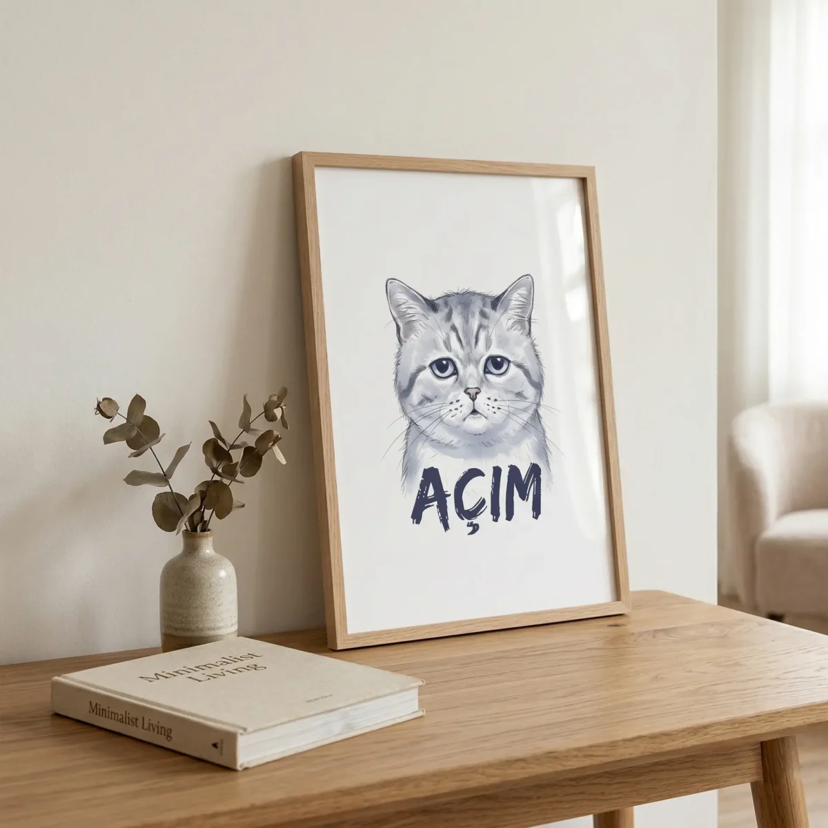 Aç Kedi Çerçeveli Tablo