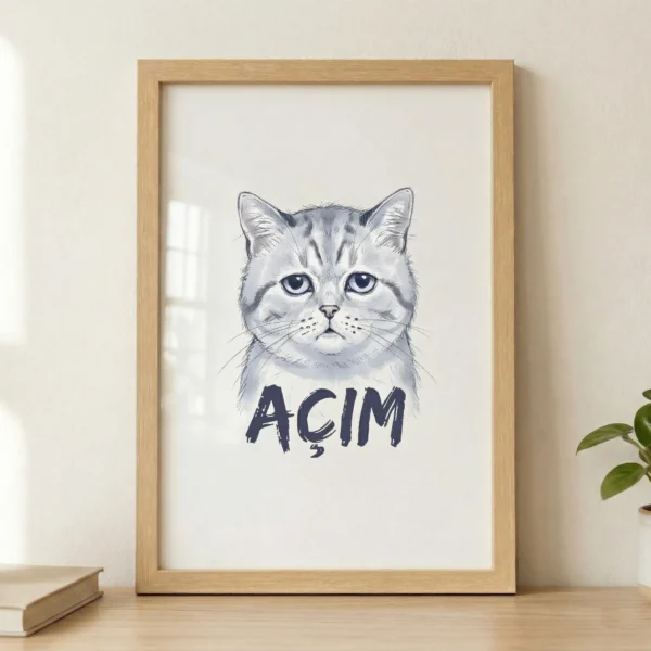 Aç Kedi Çerçeveli Tablo