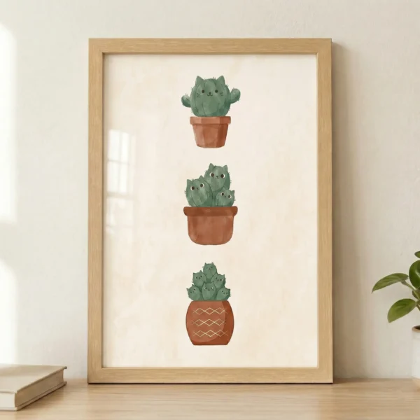 Kaktüs Kediler Çerçeveli Tablo
